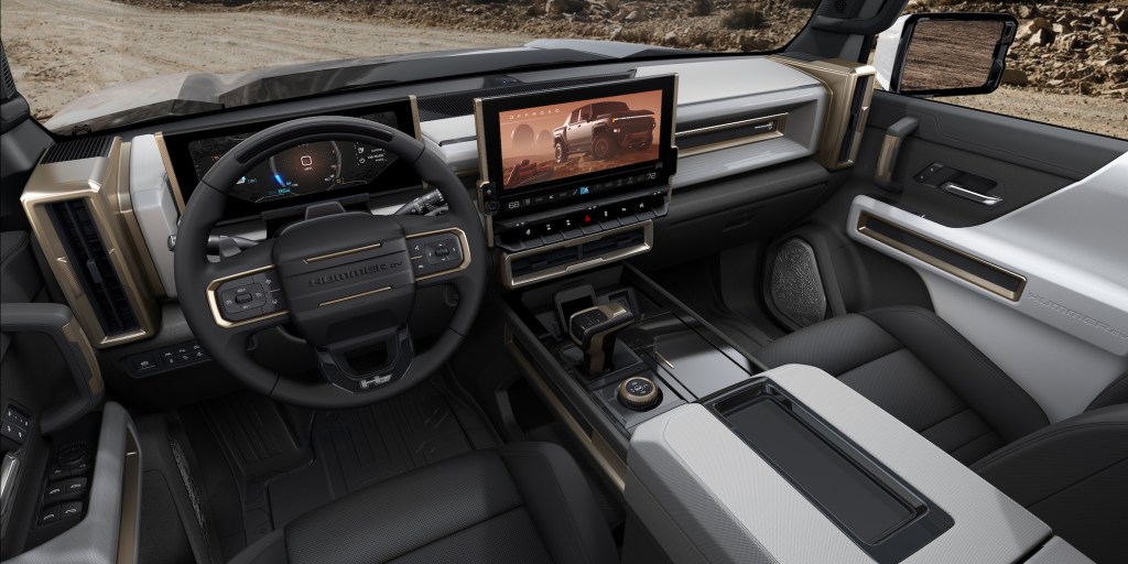 The 2022 GMC HUMMER EV’s design visually communicates extreme capability, reinforced with rugged architectural details that are delivered with a premium, well-executed and appointed interior.