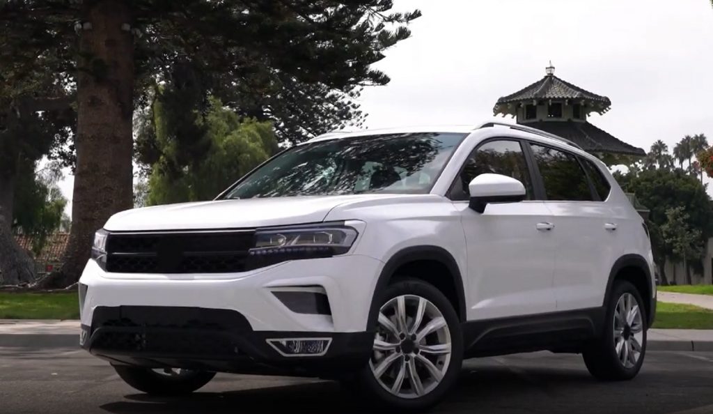 A white pre-production 2022 Volkswagen Taos prototype