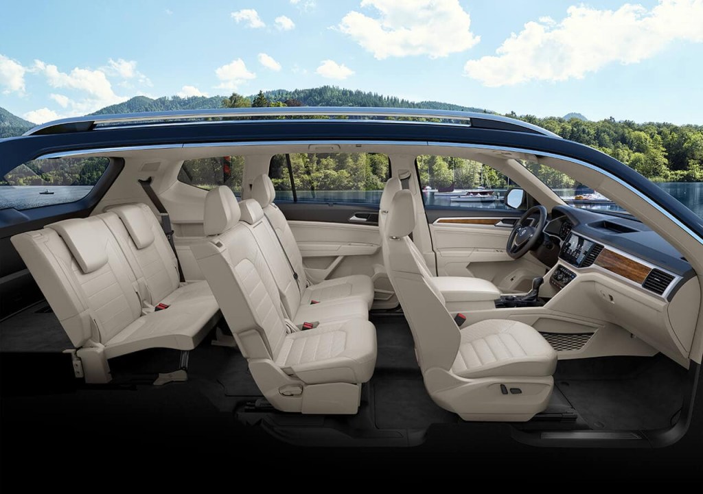 A side view of a the interior of a three-row Tiguan model.