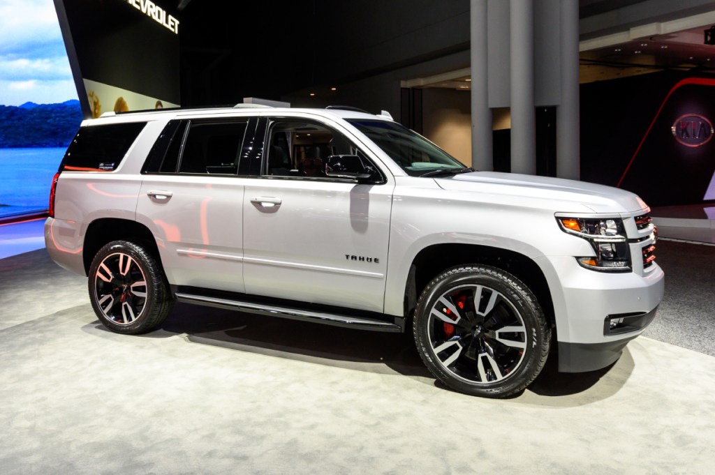 A Chevy Tahoe on display at an auto show