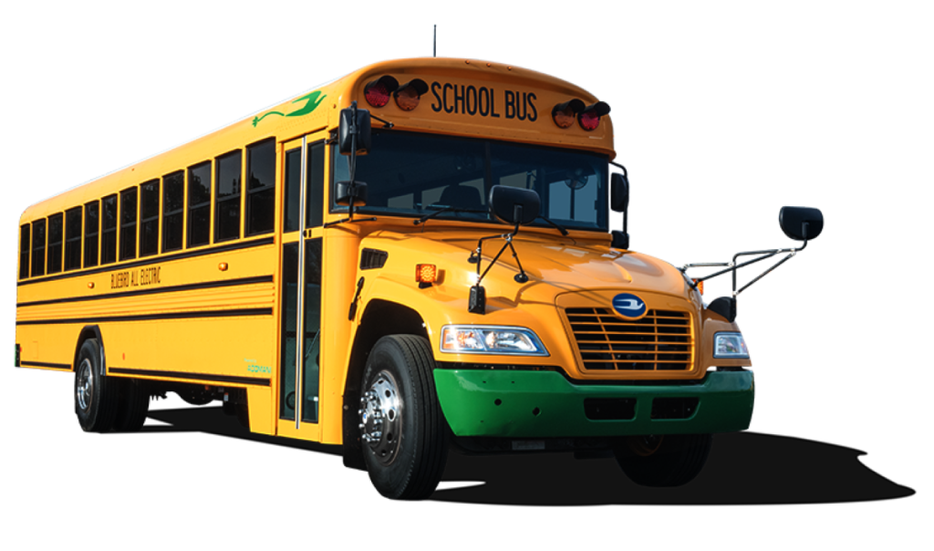 This school bus with a green bumper signifies that it has electric propulsion