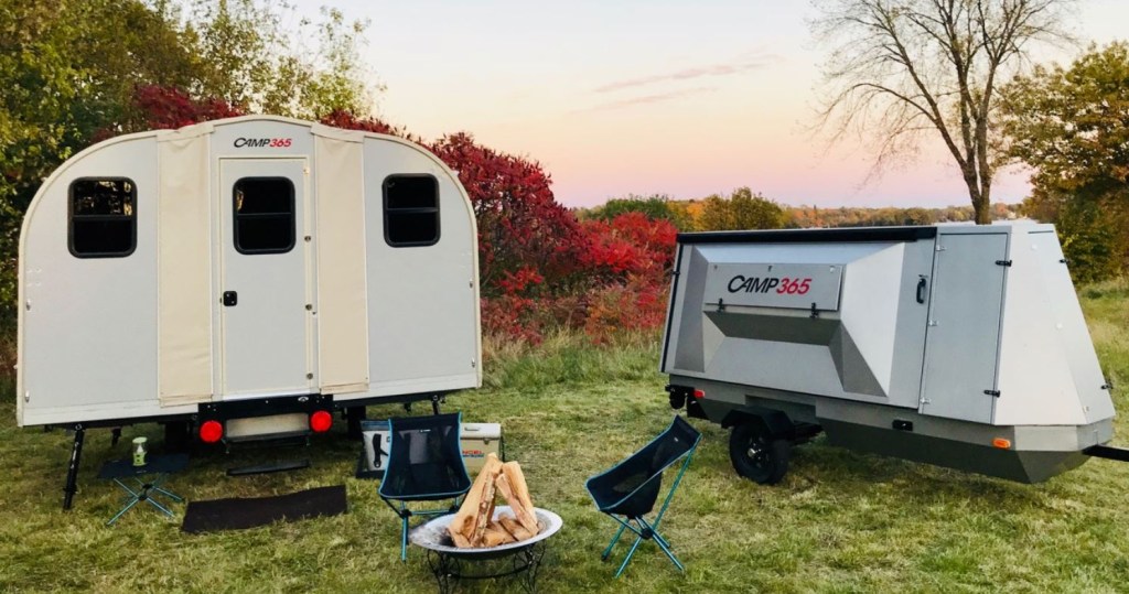The Camp 365 transforming RV trailer is shown in folded and unfolded configuration.