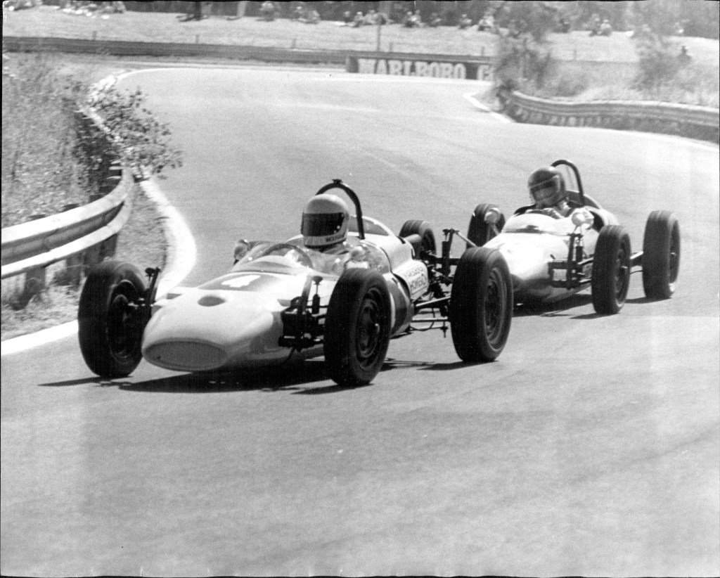 Wolfgang Prejawa in a Formula Vee leads Graham Engel out of the Esses.Practice at the Warick Farm motor Racing circuit for the RAC of Australia Trophy Race meeting tomorrow..