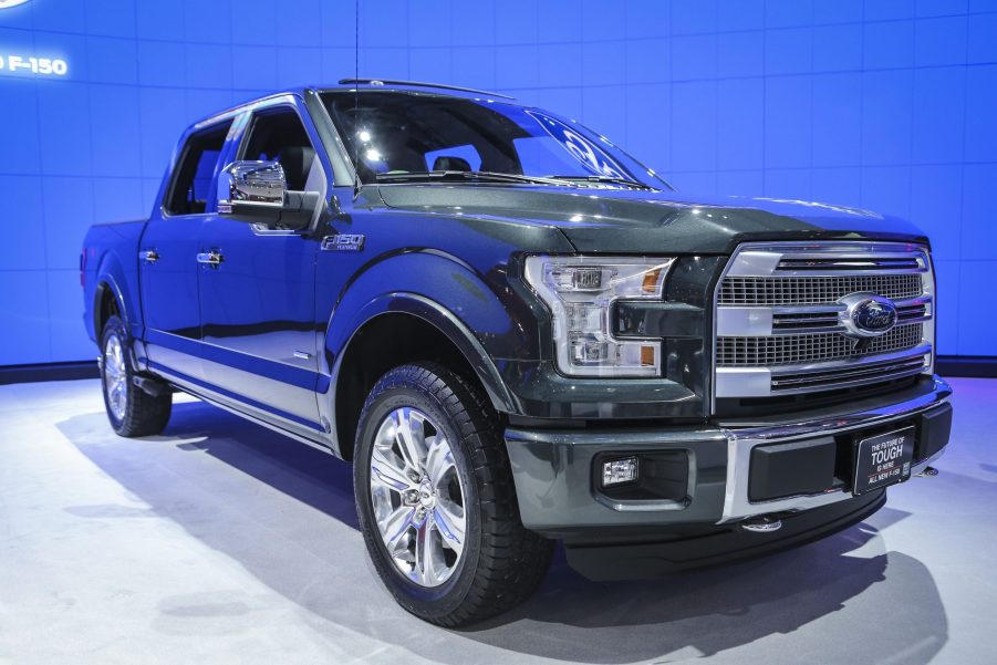A Ford F-Series truck on display at an auto show