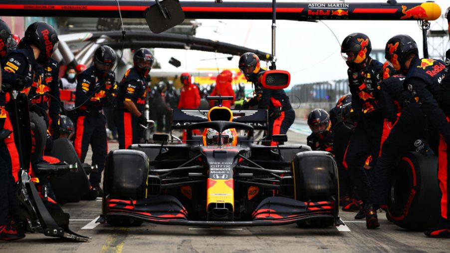 NUERBURG, GERMANY - OCTOBER 11: Max Verstappen of the Netherlands driving the (33) Aston Martin Red Bull Racing RB16 comes in for a tyre change during the F1 Eifel Grand Prix at Nuerburgring on October 11, 2020 in Nuerburg, Germany. (Photo by Mark Thompson/Getty Images)
