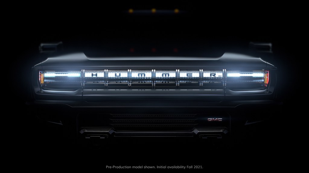 Zoomed in photo of the grille of a pre-production GMC Hummer EV supertruck
