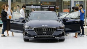 HMC New Sports Sedan G70 Unveil scene at open square in Ulsan, South Korea. Hyundai Motor will launch its first midsize sports sedan under the Genesis brand