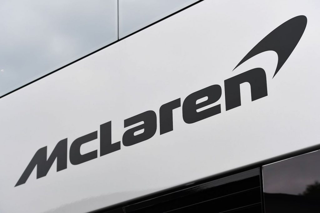 A close up image of the McLaren logo.