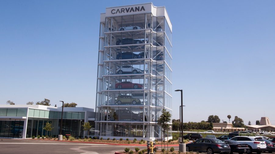 A picture of one of Carvana's car vending machines.