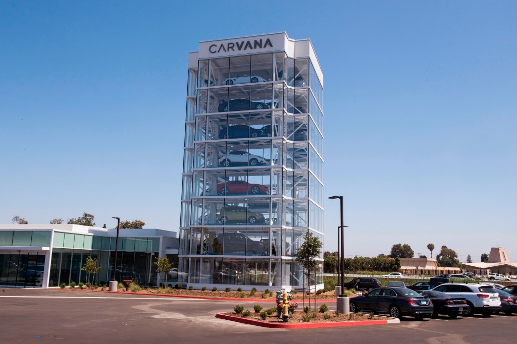 A picture of one of Carvana's car vending machines.