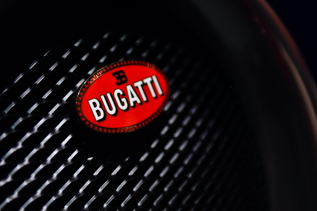 An up-close image of the Bugatti logo.