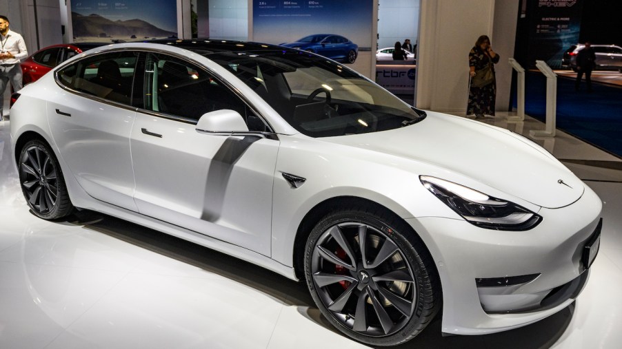 The Tesla Model 3 is an all-electric small sedan.