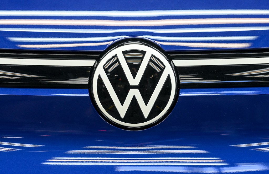 An up close image of the Volkswagen logo.