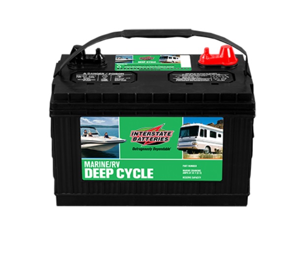 A green-labeled Interstate RV deep cycle battery
