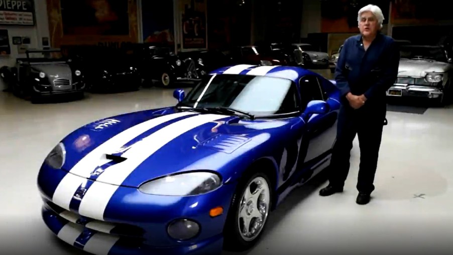 Jay Leno with his blue-and-white 1996 Dodge Viper GTS