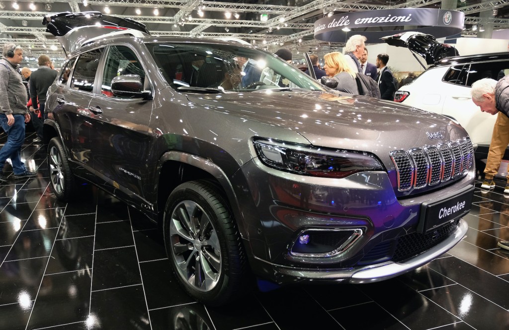 A Jeep Cherokee is displayed during the Vienna Autoshow