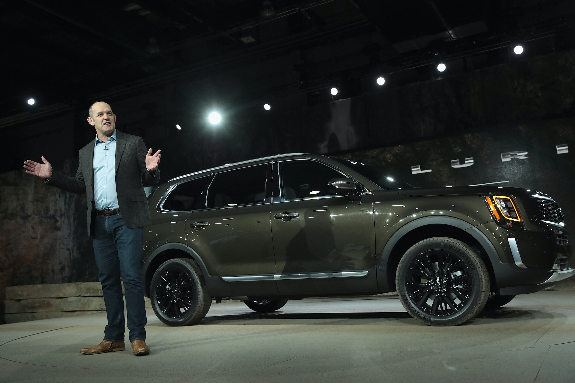 Kia Motors America COO Michael Cole introduces the 2020 Kia Telluride SUV at the North American International Auto Show