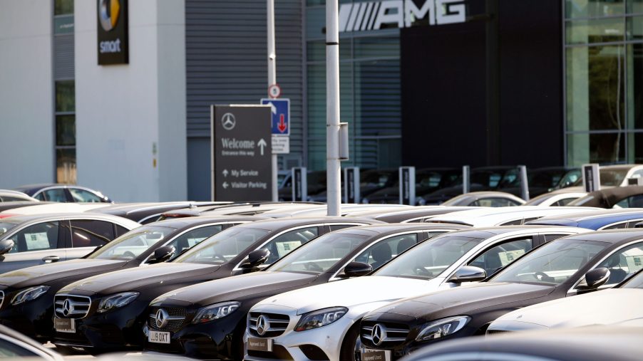 Cars on display at a Mercedes-Benz dealership