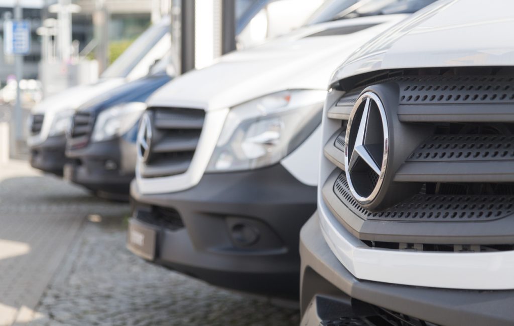 Mercedes-Benz Sprinter vans on display at a dealership
