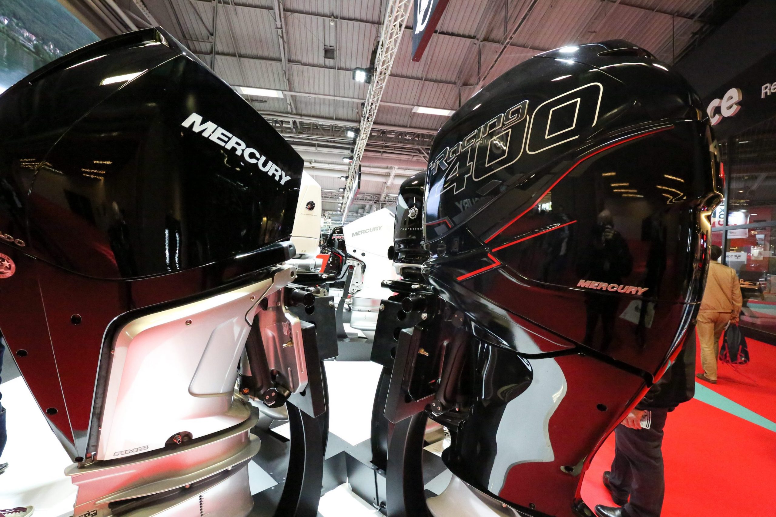 A picture taken on December 9, 2018 shows boat motors of the manufacturer Mercury, rival to Yamaha, on display during the Paris International Boat Show