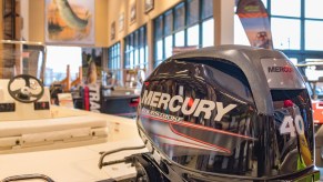 A Mercury boat motor. Mercury is one of the boat brands under the Brunswick Corporation