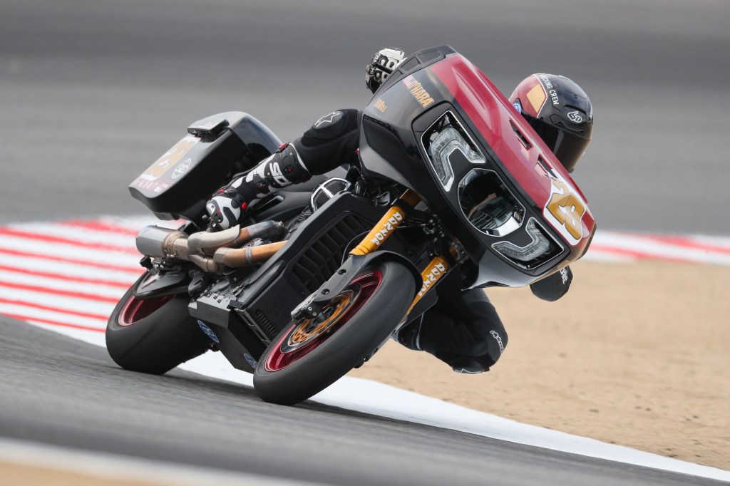 The Roland Sands Design King of the Baggers Indian Challenger on the racetrack