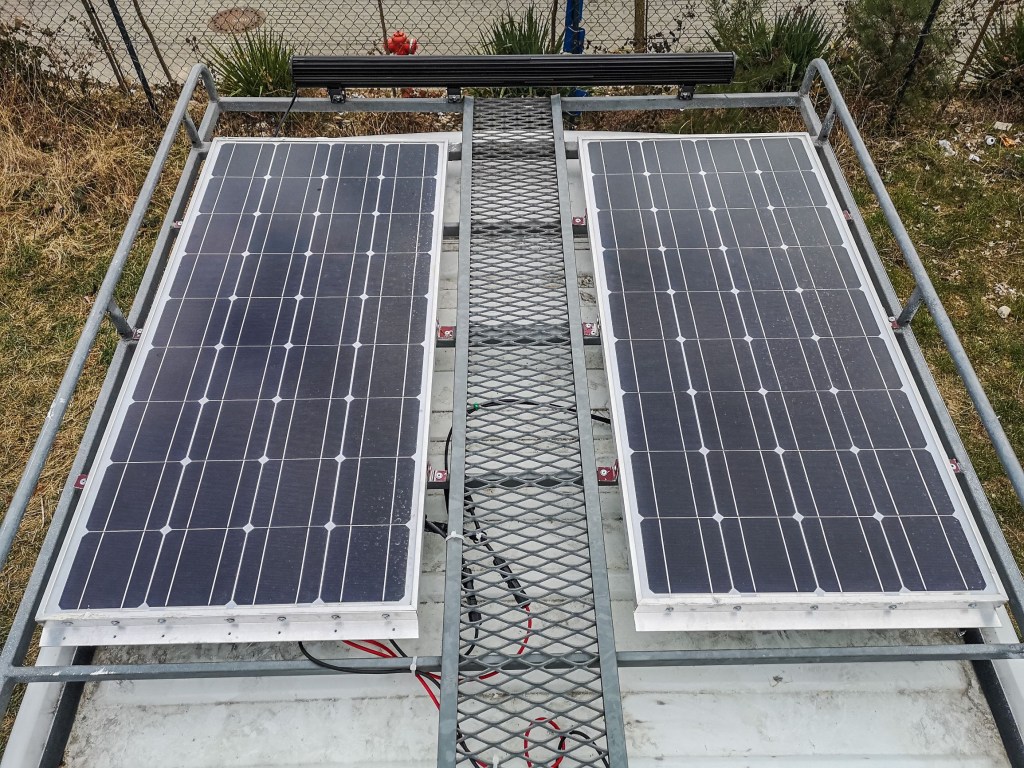 Solar panels mounted on the roof of a camper van