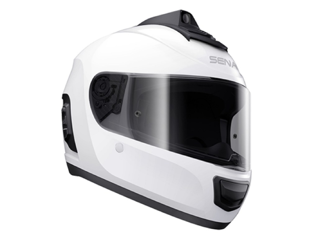 A white Sena Momentum INC Pro smart motorcycle helmet