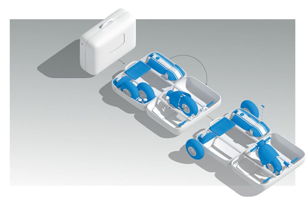 This diagram shows a luggage piece that converts into The Amazing Suitcase Car