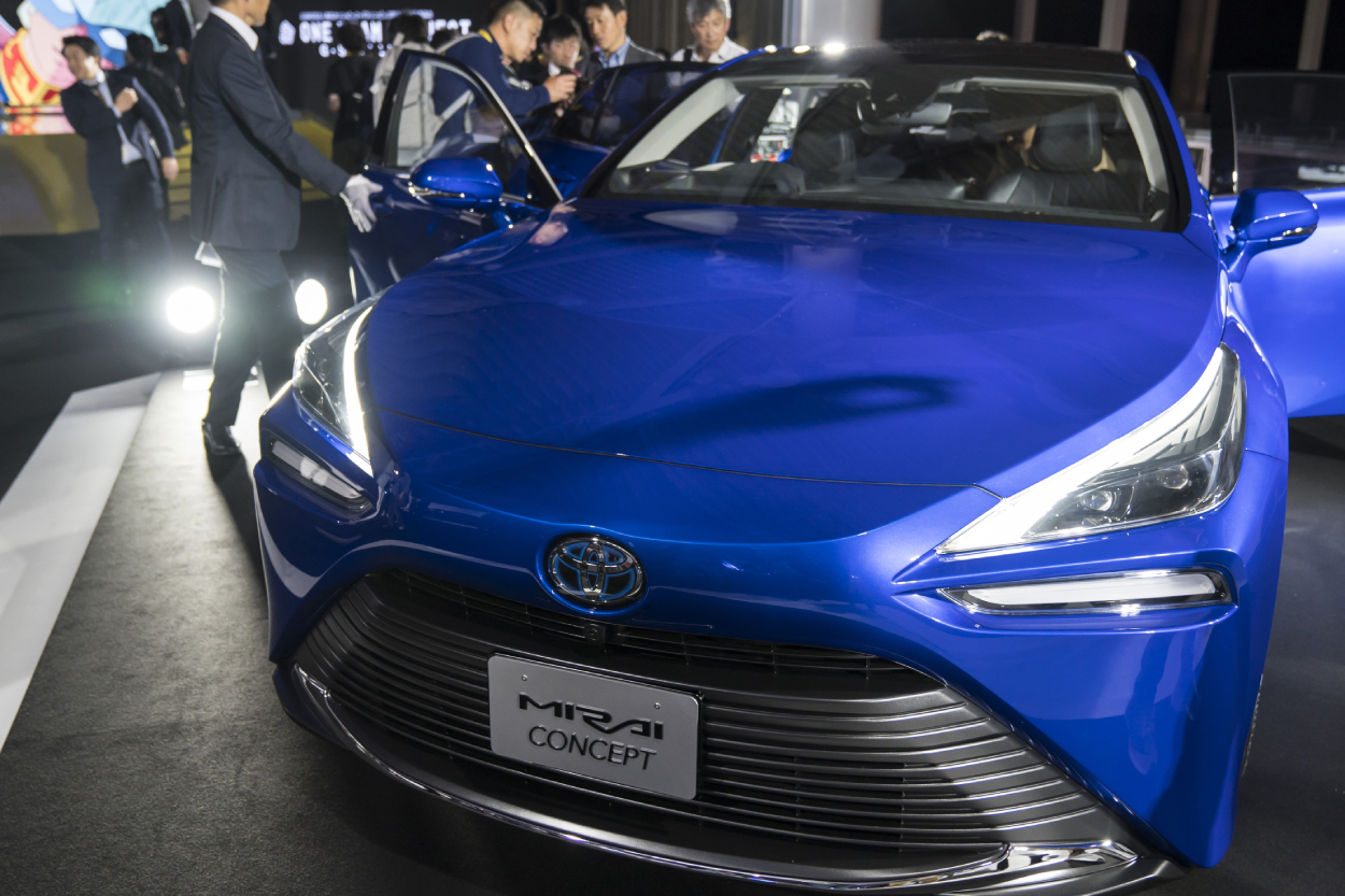 A Toyota Mirai on display at an auto show