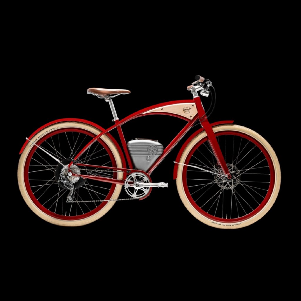 A red-framed Vintage Electric Cafe e-bike