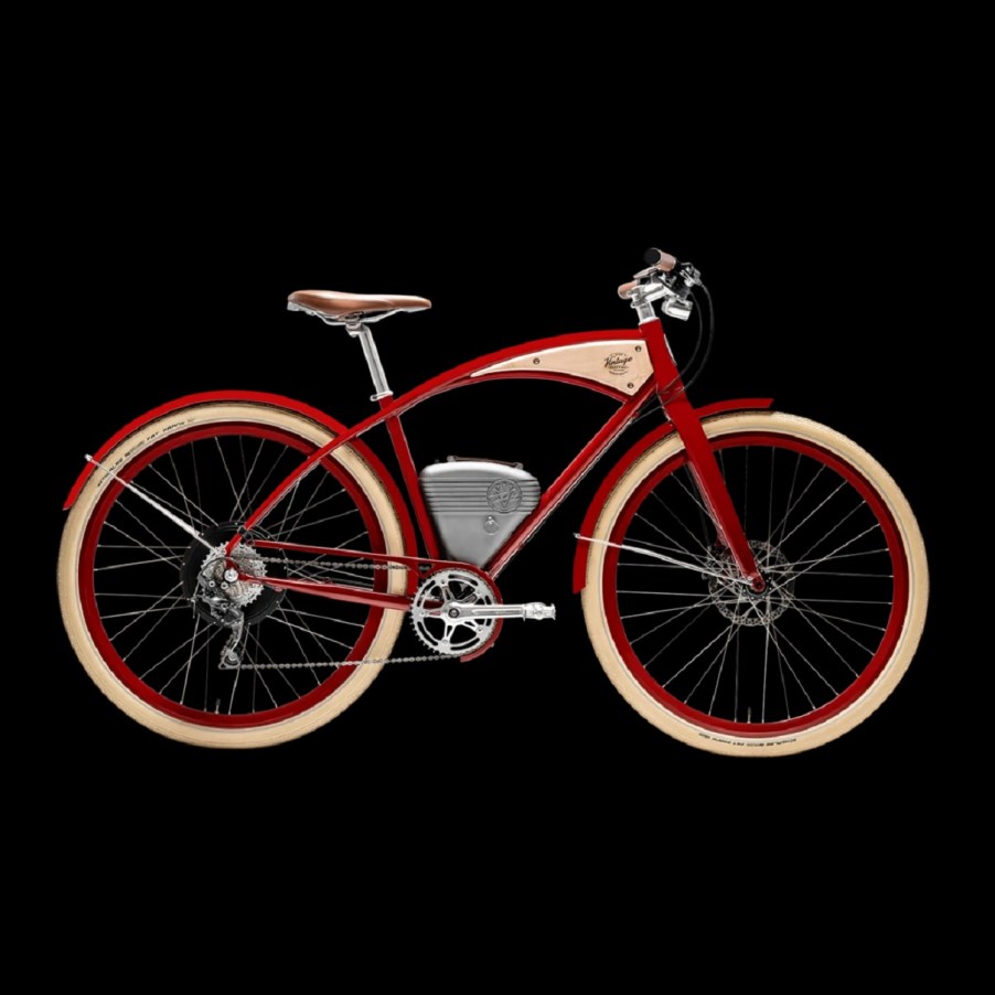 A red-framed Vintage Electric Cafe e-bike
