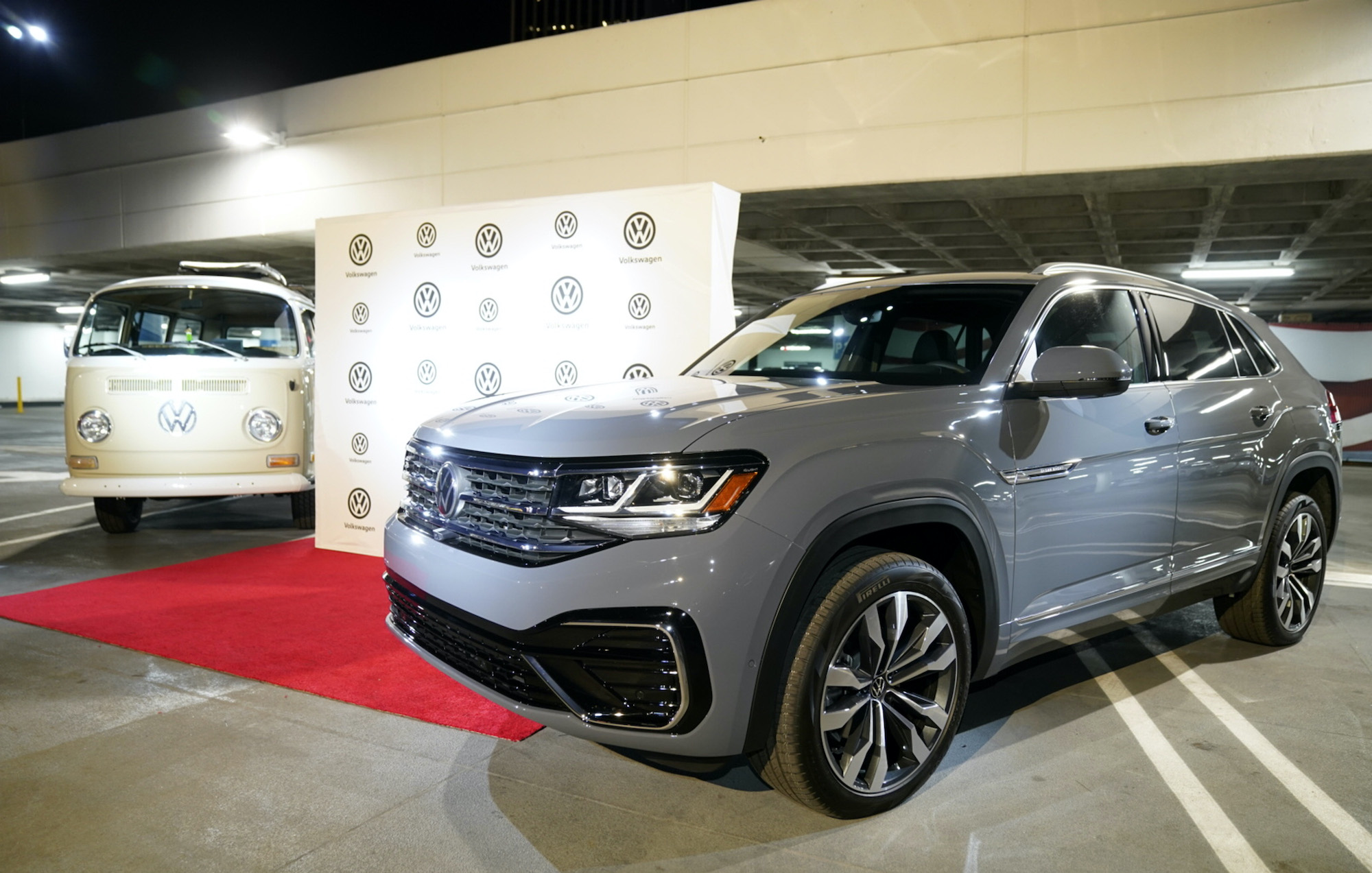 An electrified Volkswagen Type 2 Bus and the all-new 2020 Atlas Cross Sport on display at the fourth annual Volkswagen Drive-In Movie