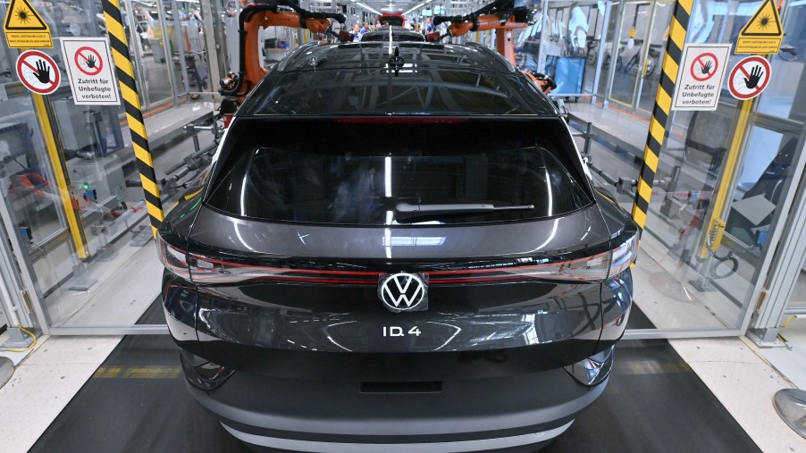 A Volkswagen ID.4 runs over the line in the factory. Volkswagen produces the first pure electric SUV at the Zwickau plant