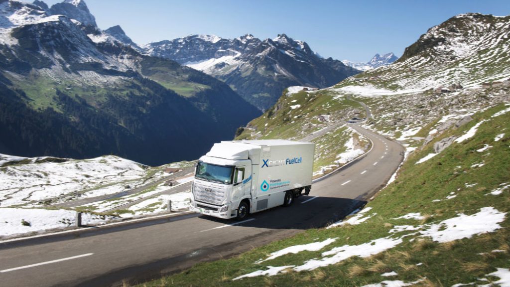 2020 Hyundai Xcient driving on mountain roads