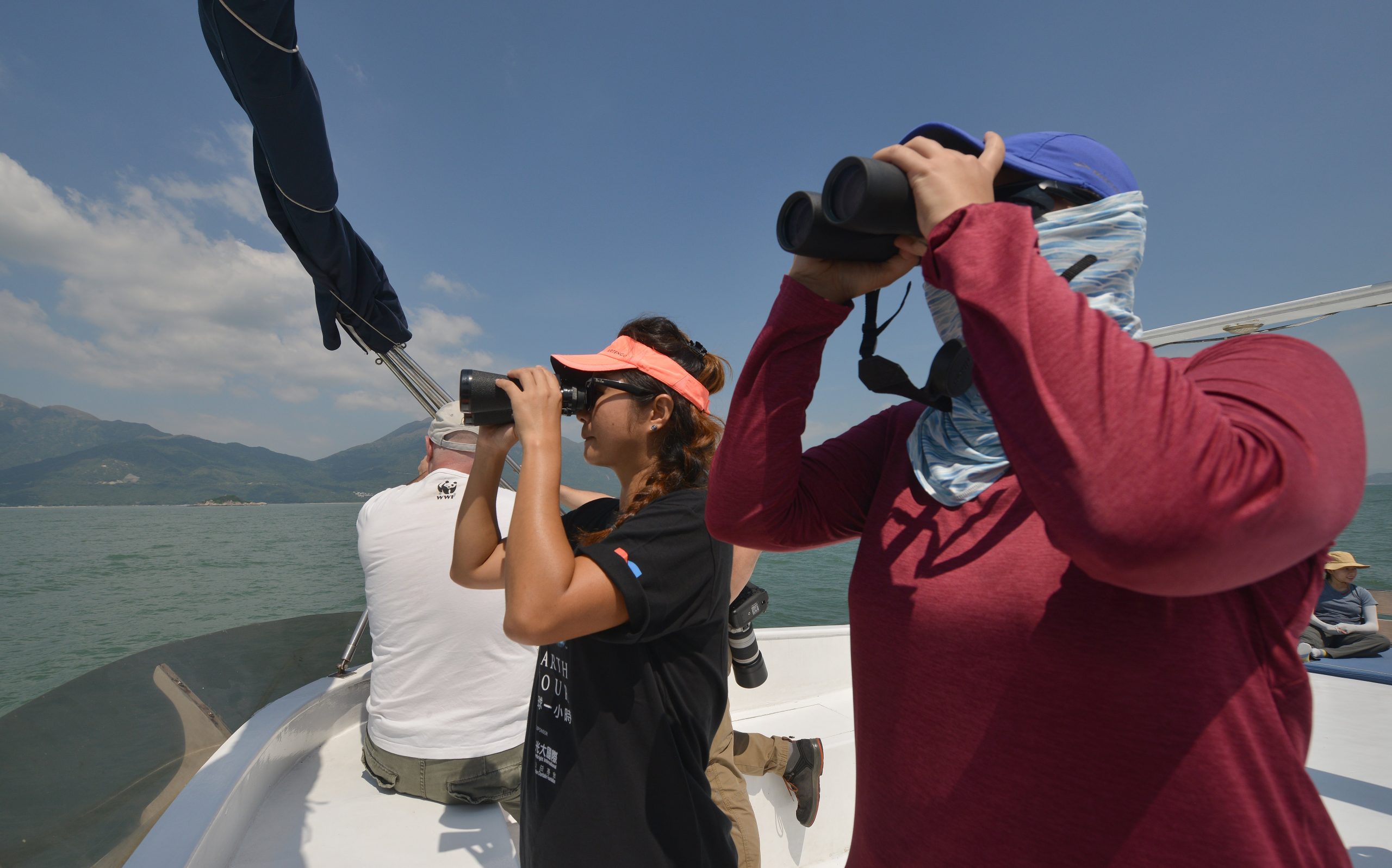 three people on boat looking through binoculars for marine wildlife