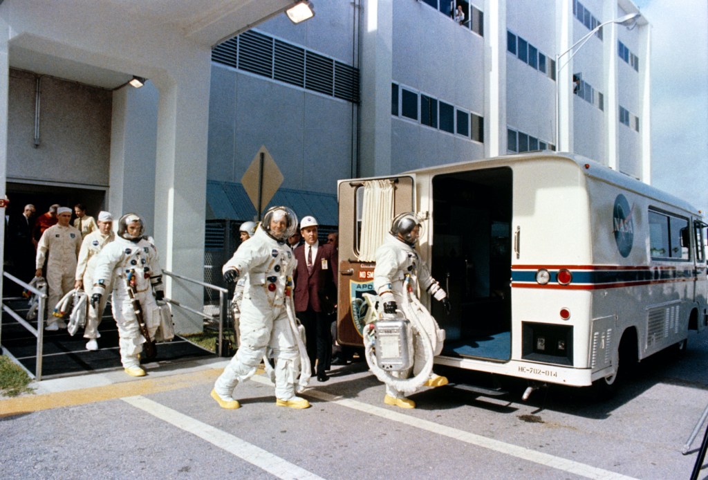 Apollo 11 Crew transported to shuttle in a converted Clark Cortez Coach RV