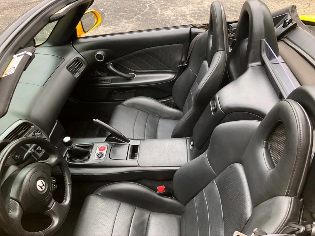 The black interior of the 2002 Honda S2000