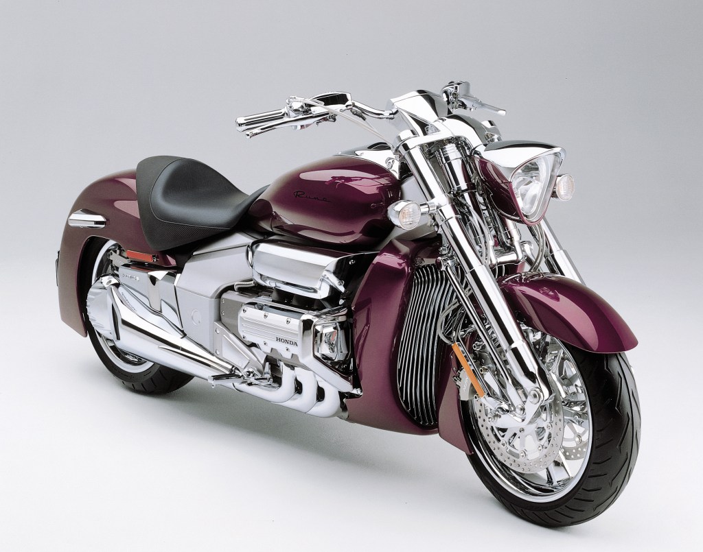 The front 3/4 view of a maroon 2004 Honda Valkyrie Rune