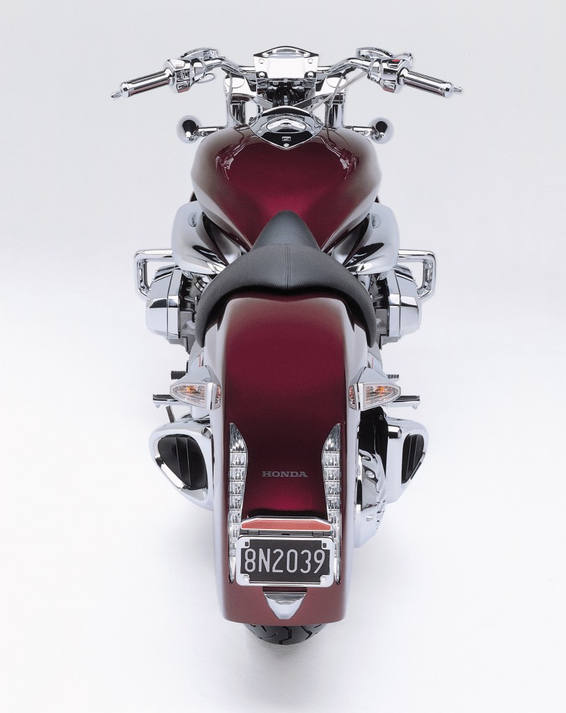 The rear overhead view of a maroon 2004 Honda Valkyrie Rune