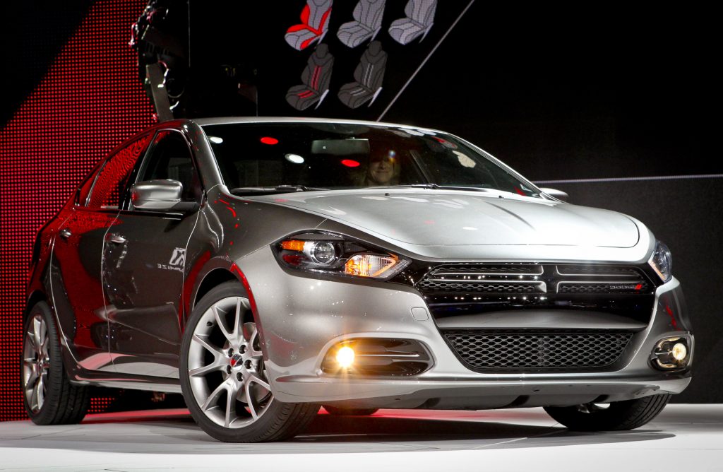 The 2013 Dodge Dart on display at an auto show