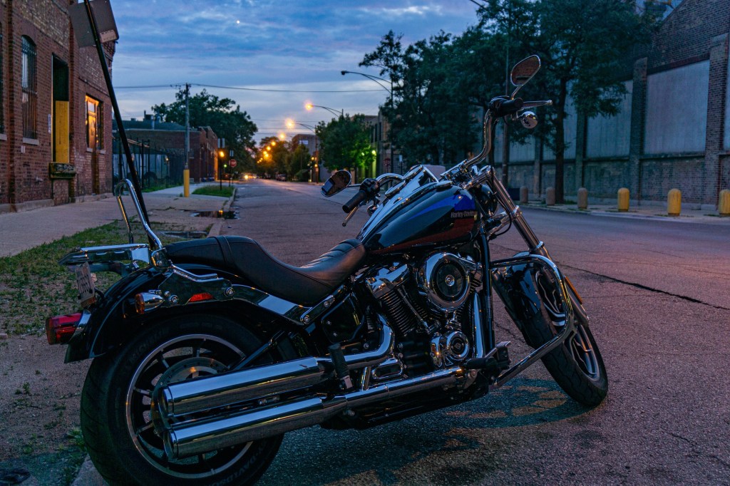 A blue-and-red 2019 Harley-Davidson Low Rider