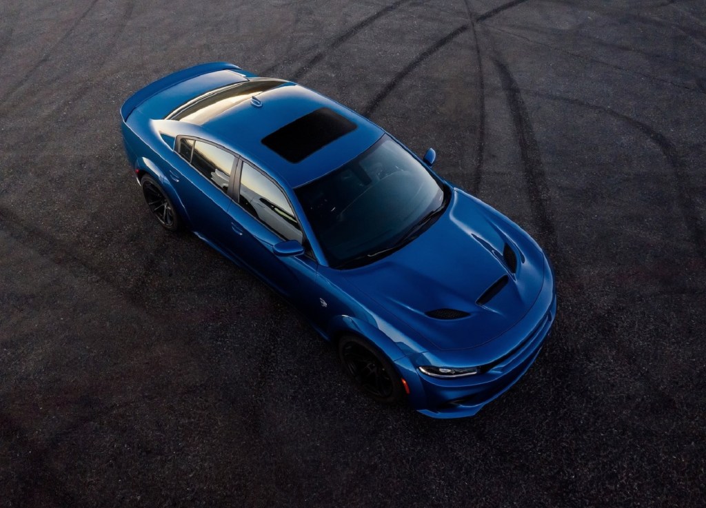An overhead view of a blue 2020 Dodge Charger SRT Hellcat Widebody