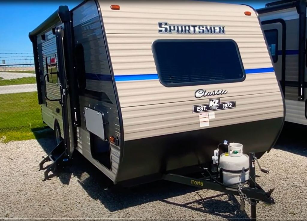 The front of a Sportsmen travel trailer RV
