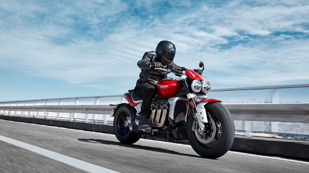 A red 2020 Triumph Rocket 3 on the road