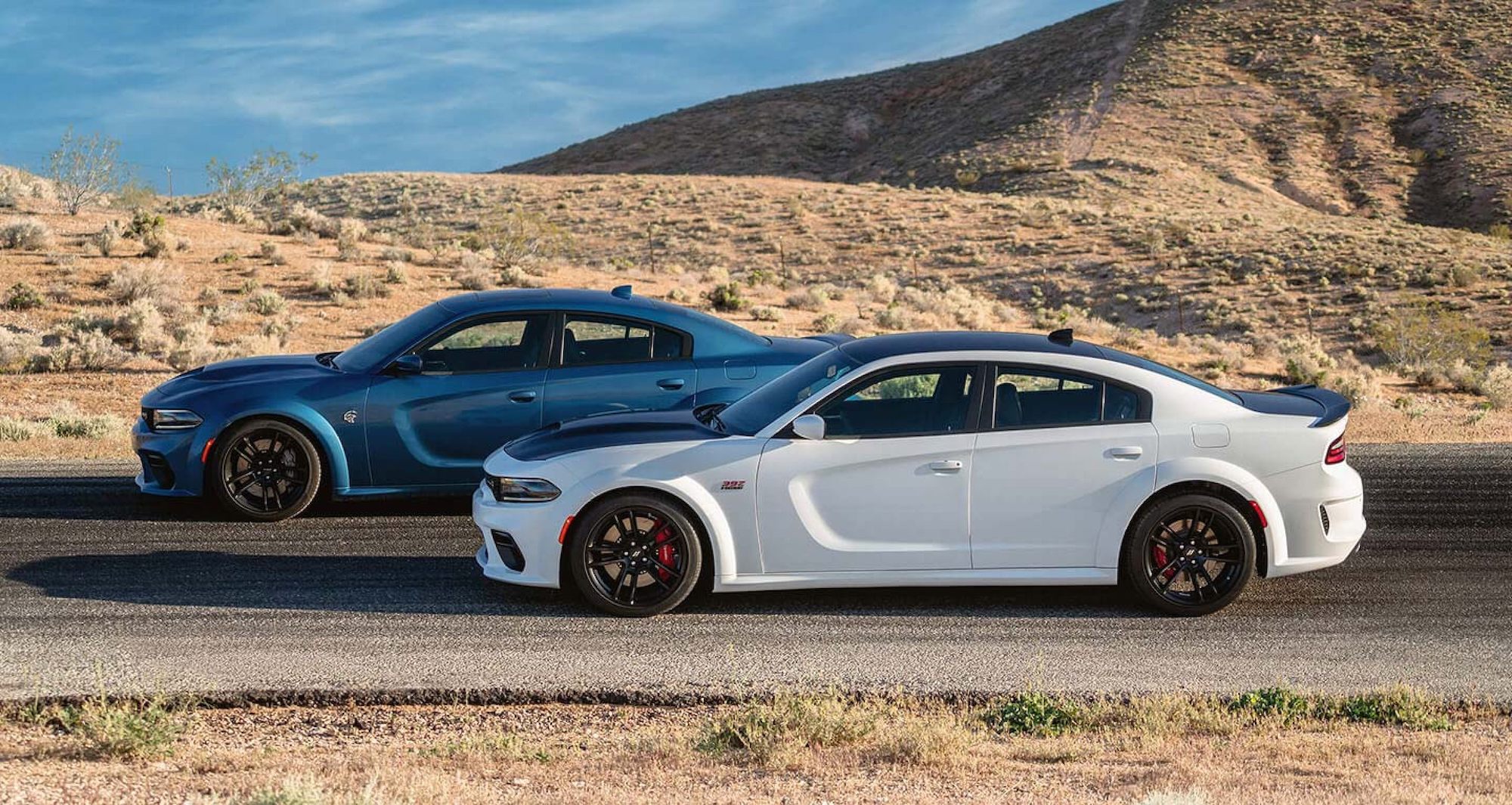 2020 Dodge Charger Scat Pack with Widebody package (left) and 2020 Dodge Charger SRT Hellcat Widebody