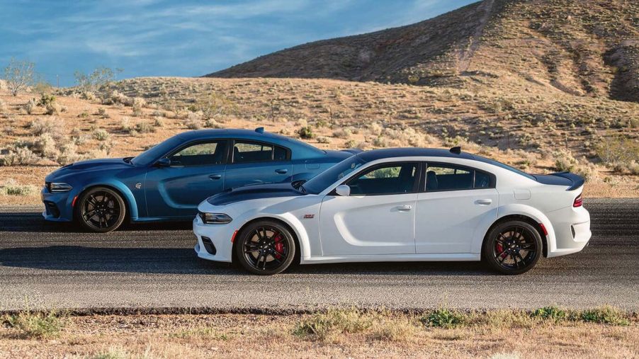 2020 Dodge Charger Scat Pack with Widebody package (left) and 2020 Dodge Charger SRT Hellcat Widebody