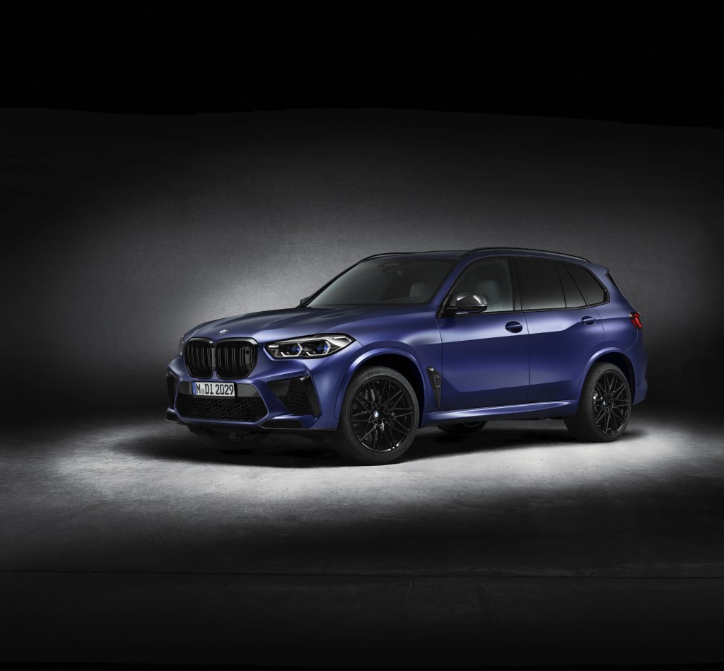 A blue 2021 BMW X5 M Competition on display
