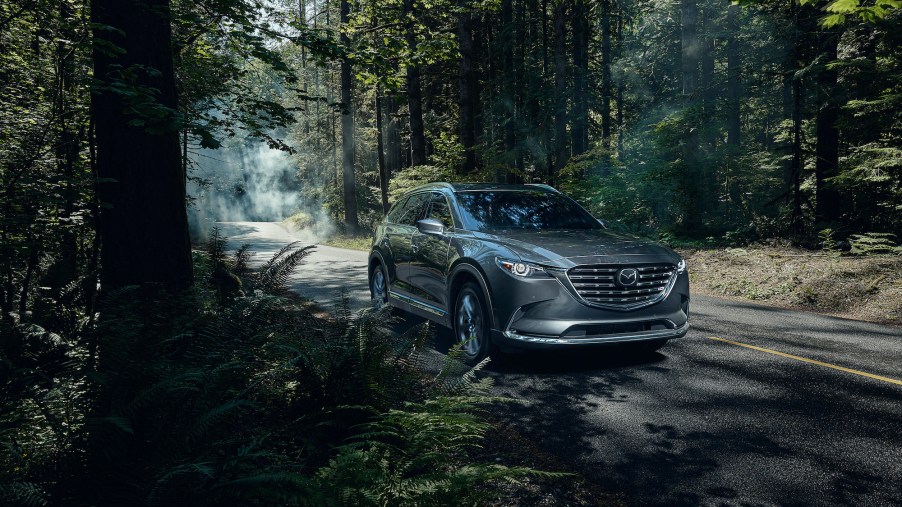 2021 Mazda CX-9 on a road through the woods