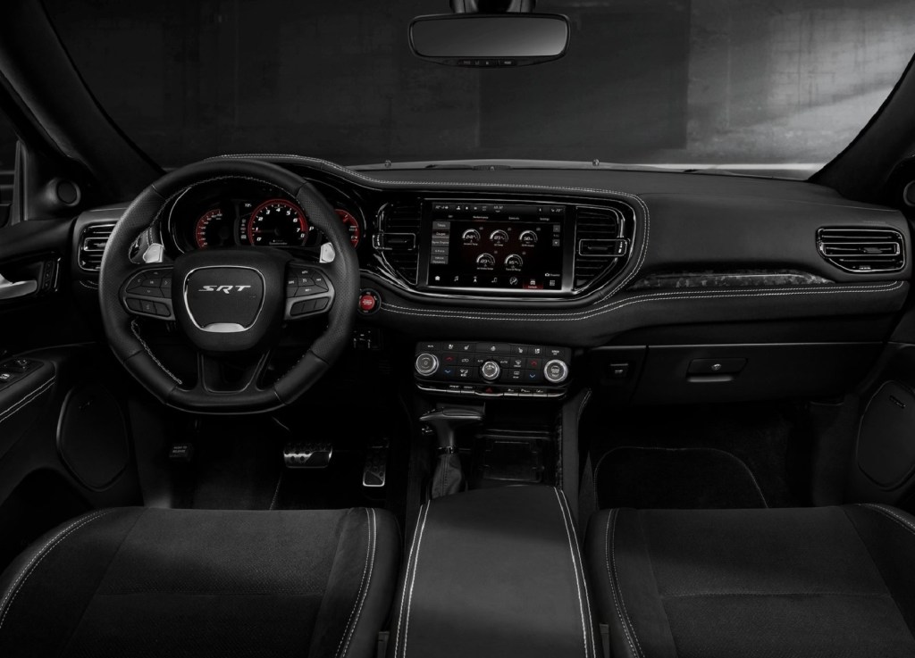The 2021 Dodge Durango SRT Hellcat's black front seats and dashboard